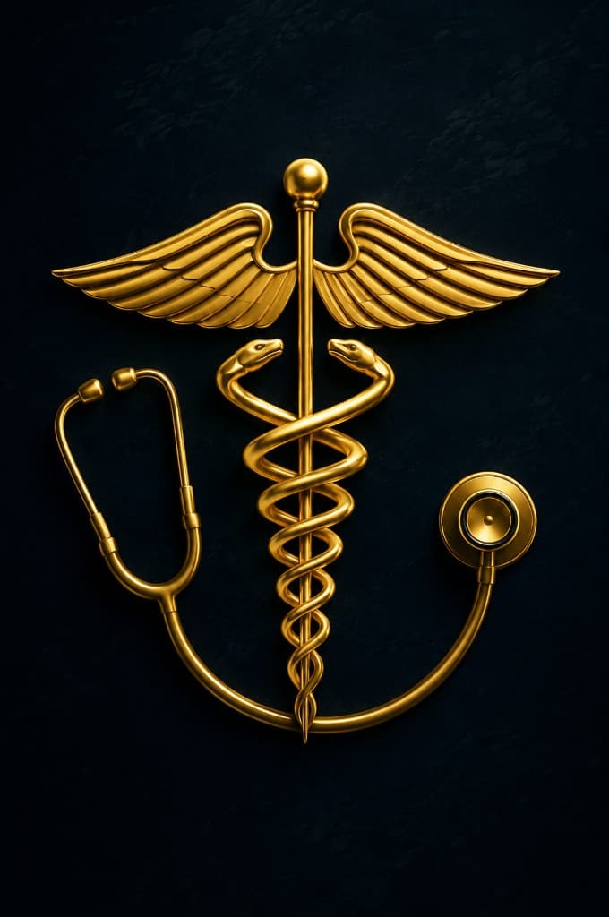 Golden caduceus and stethoscope, healthcare AI symbol