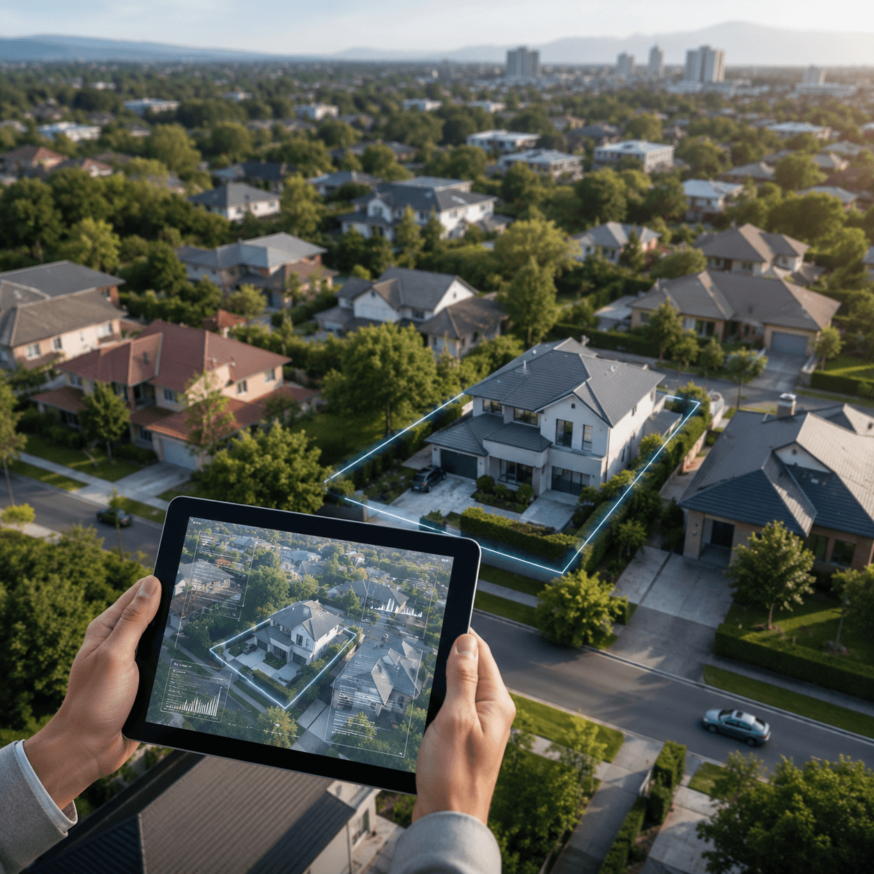 Property valuation aerial view of residential neighborhood